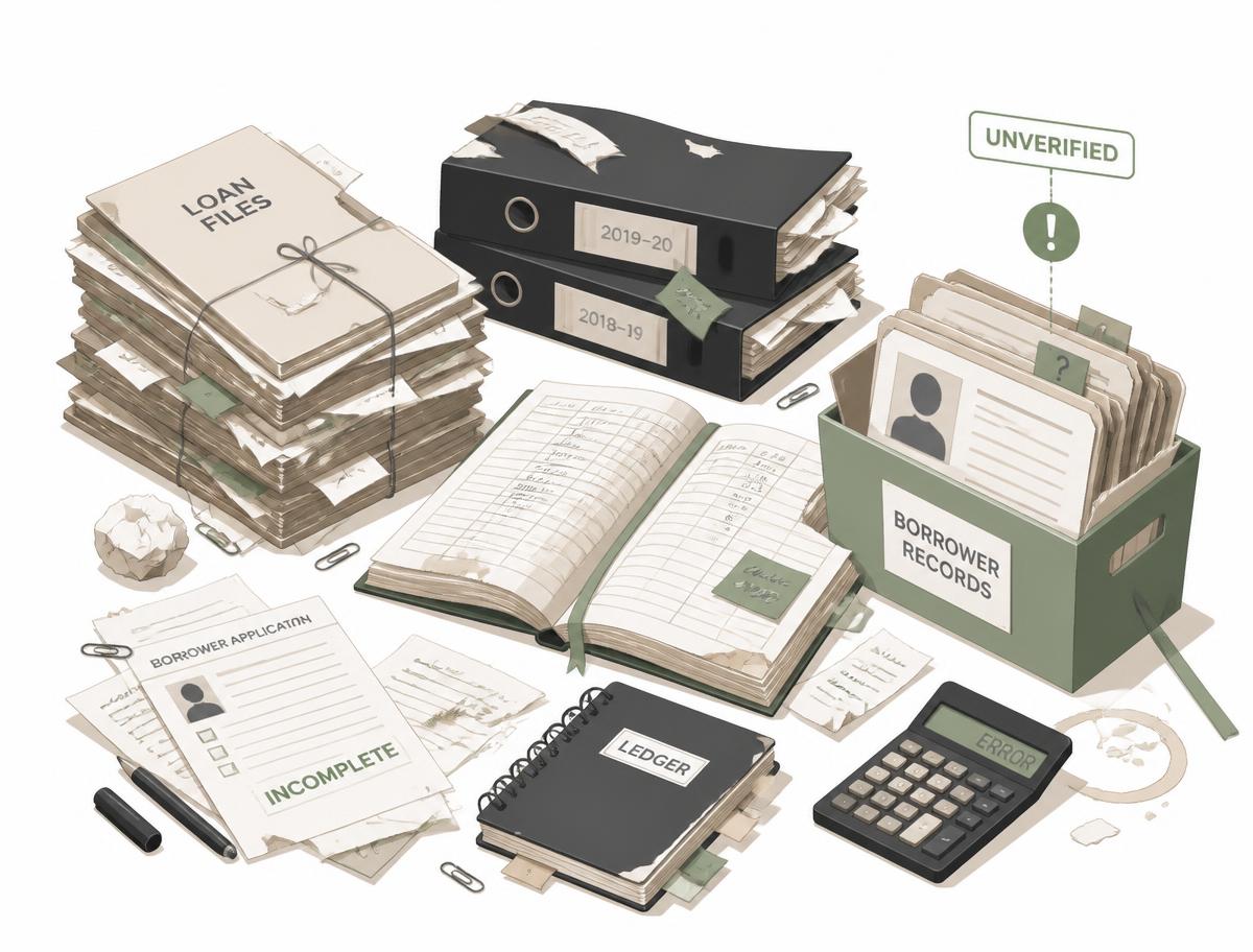 Illustration of scattered paper loan files and unverified borrower records